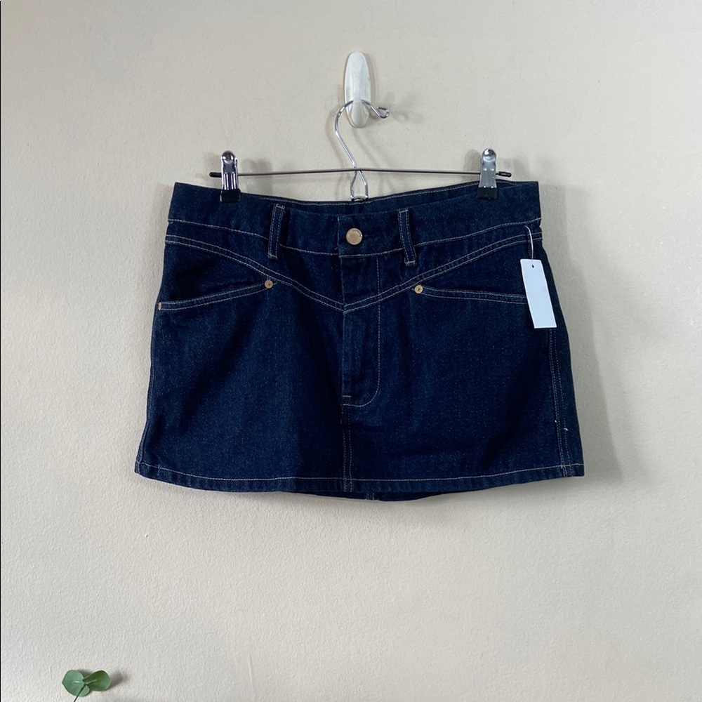 New BlankNYC Metallic Weave Denim Micro Miniskirt Dark Wash Gold Glitter Sz 29 - Picture 1 of 8